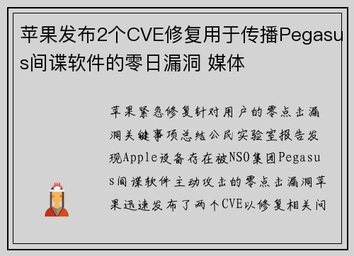 苹果发布2个CVE修复用于传播Pegasus间谍软件的零日漏洞 媒体